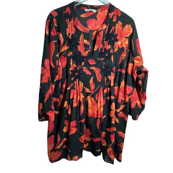 Soft Surroundings size 2X Tunic top black coral red Hibiscus Tropical Floral - Picture 1 of 11